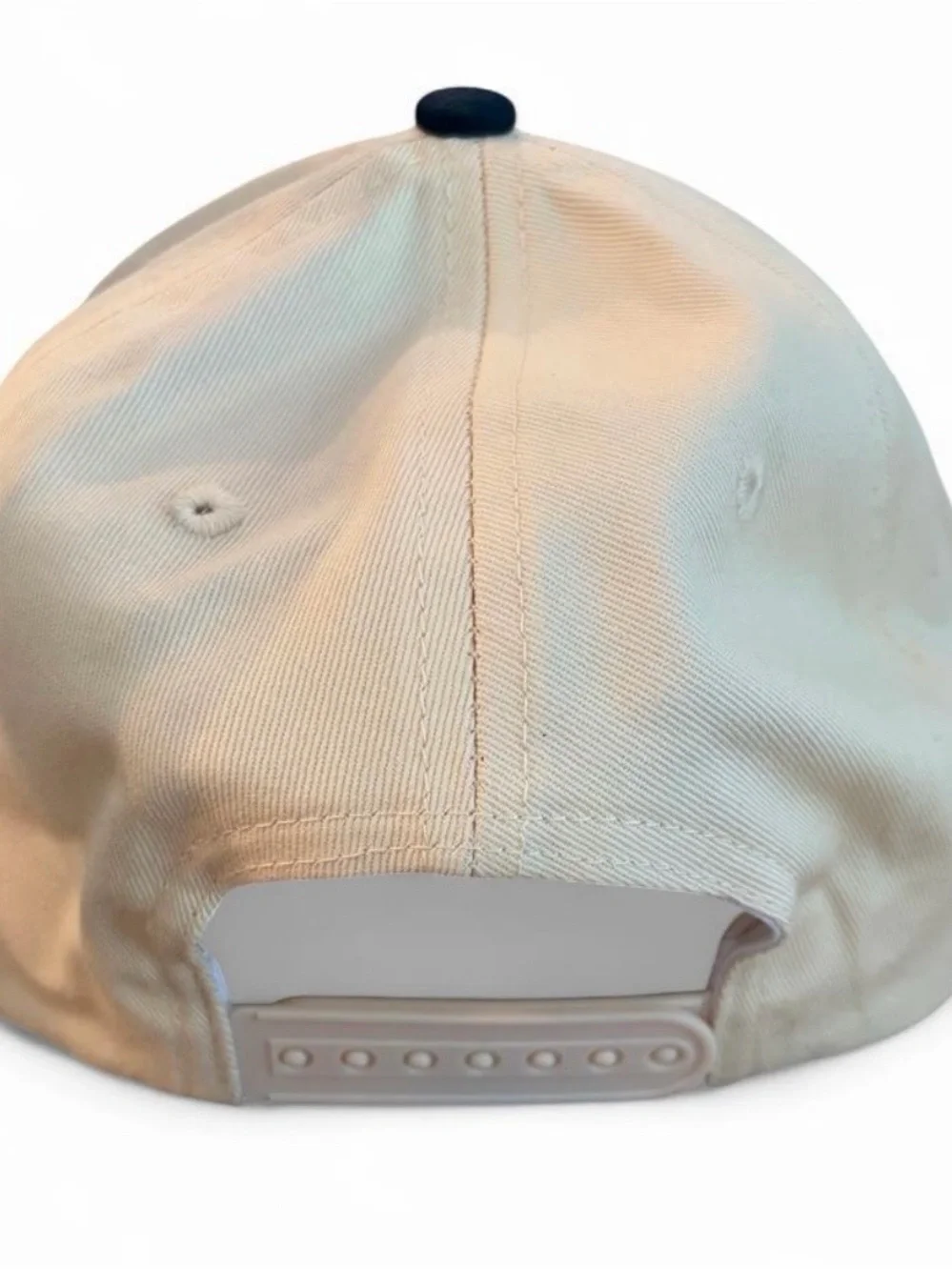 Marshall upside-down logo snapback hat cream + navy blue two tone baseball cap
